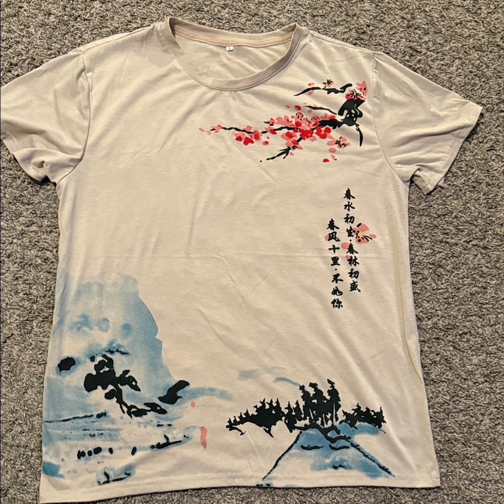 SHEIN Beige Artistic Tee with Floral and Scenic Print